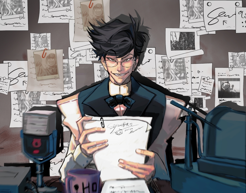 1boy, absurdres, alastor_(hazbin_hotel), alastor_(human)_(hazbin_hotel), brown_hair, collared_shirt, dark-skinned_male, dark_skin, escape932, hazbin_hotel, hellaverse, highres, looking_at_viewer, male_focus, necktie, radio_booth, shirt, sitting, vest