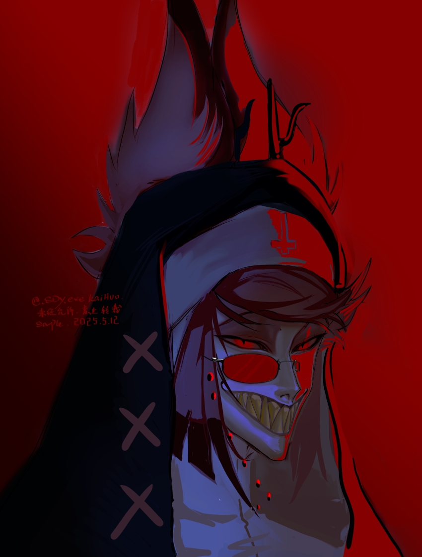 1boy, absurdres, alastor_(hazbin_hotel), animal_ears, black_dress, colored_teeth, deer_boy, deer_ears, demon_boy, dress, escape932, evil_grin, evil_smile, grin, hazbin_hotel, hellaverse, highres, looking_at_viewer, male_focus, nun, red_eyes, red_hair, sharp_teeth, smile, teeth, yellow_teeth