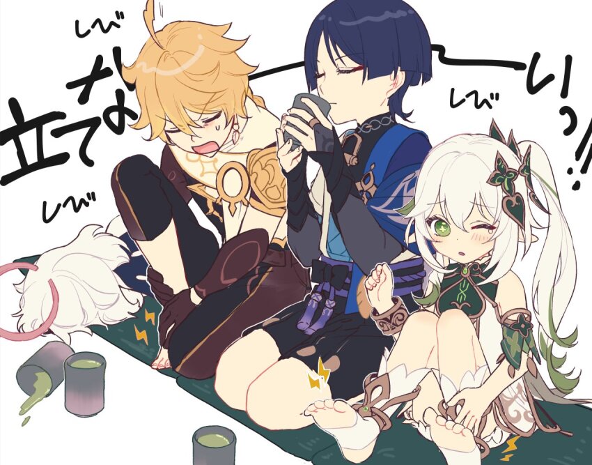 2boys, 2girls, aether_(genshin_impact), ahoge, anklet, arm_at_side, armlet, armor