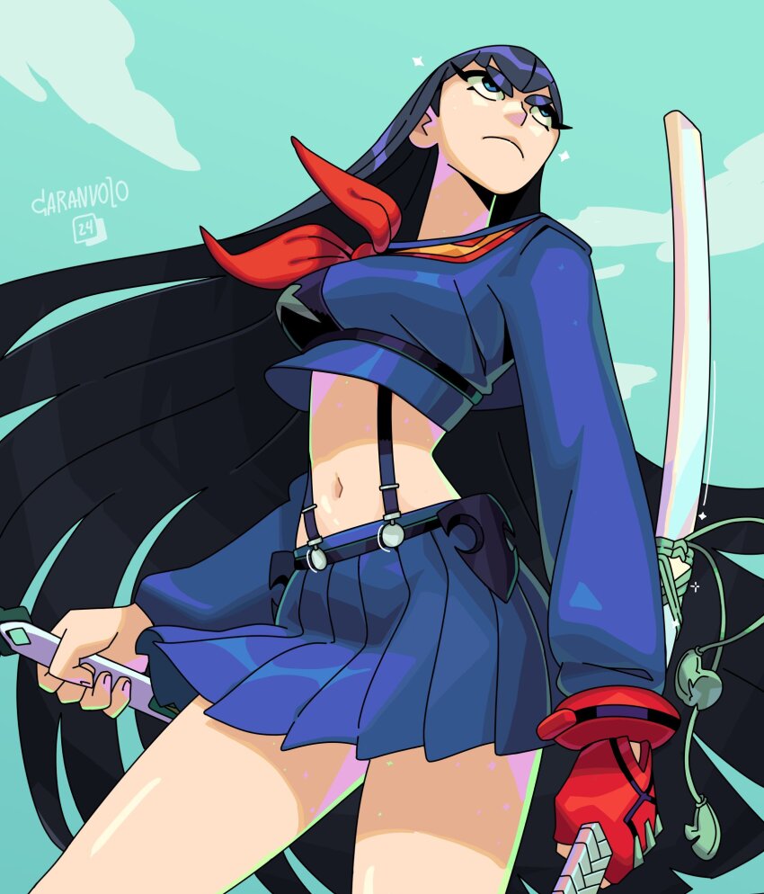 1girl, artist_name, bakuzan, black_hair, blue_eyes, blue_sky, breasts, caranvolo