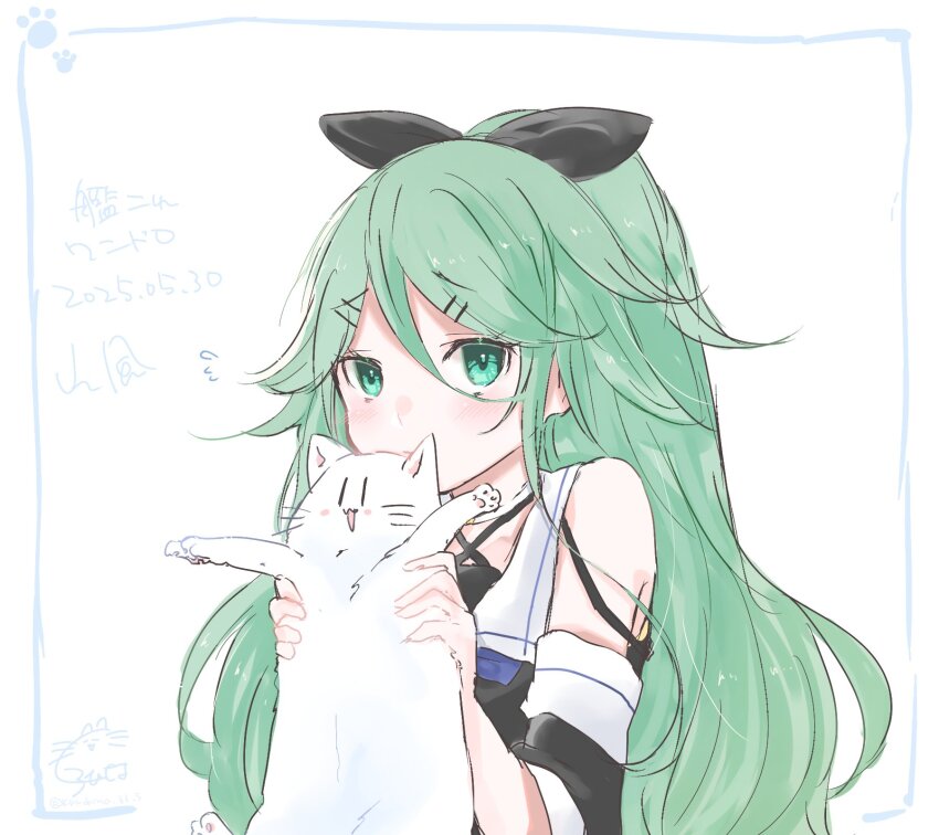 1girl, black_ribbon, black_serafuku, blue_neckerchief, cat, character_name, copyright_name, dated, detached_sleeves, green_eyes, green_hair, hair_between_eyes, hair_flaps, hair_ribbon, highres, kantai_collection, kurohina_(kurohina_66_s), long_hair, longcat_(meme), looking_at_viewer, meme, neckerchief, one-hour_drawing_challenge, ponytail, ribbon, sailor_collar, school_uniform, serafuku, solo, white_background, white_cat, white_sailor_collar, yamakaze_(kancolle)