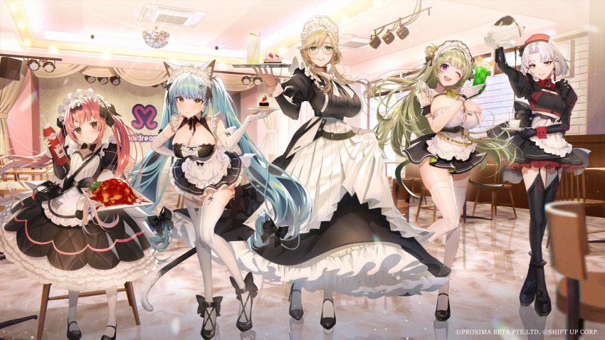 5girls, ade_(nikke), animal_ears, ankle_bow, ankle_ribbon, antenna_hair, apron, aqua_hair
