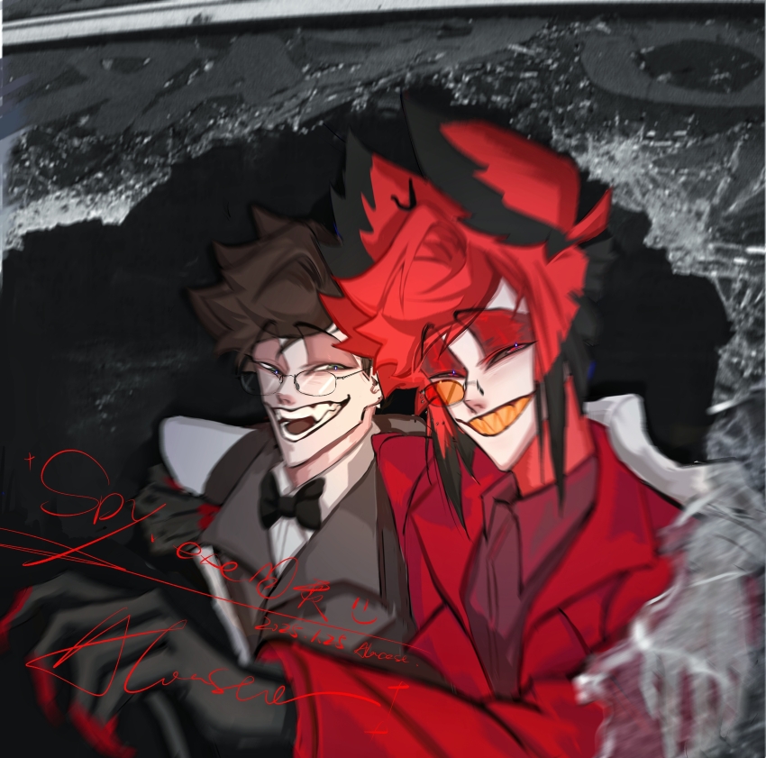 1boy, absurdres, alastor_(hazbin_hotel), alastor_(human)_(hazbin_hotel), deer_boy, demon_boy, escape932, evil_grin