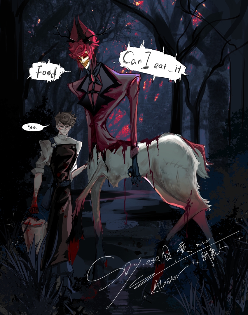 1boy, absurdres, alastor_(hazbin_hotel), alastor_(human)_(hazbin_hotel), blood, blood_on_clothes, blood_on_hands, deer_boy