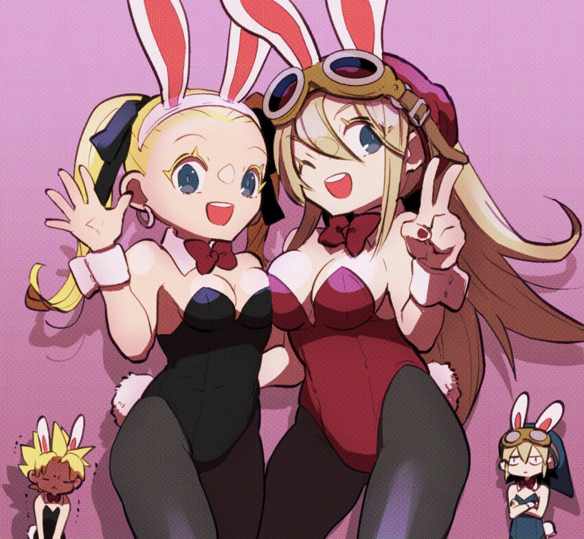 2boys, 2girls, :d, ;d, ancestor_and_descendant, animal_ear_hairband, animal_ears, aqua_eyes, black_leotard, black_pantyhose, black_ribbon, blonde_hair, blue_hat, blue_leotard, bow, bowtie, breast_press, breasts, colored_eyelashes, commentary_request, cowboy_shot, crossed_arms, detached_collar, dragon_quest, dragon_quest_builders, dragon_quest_builders_2, earrings, embarrassed, fake_animal_ears, fake_tail, female_builder_(dqb), female_builder_(dqb2), goggles, goggles_on_headwear, hair_pulled_back, hair_ribbon, hairband, hat, hoop_earrings, in-franchise_crossover, jewelry, jitome, large_breasts, leotard, long_hair, looking_at_viewer, looking_to_the_side, male_builder_(dqb), male_builder_(dqb2), male_playboy_bunny, medium_breasts, melonji_builder, multiple_boys, multiple_girls, one_eye_closed, open_mouth, pantyhose, pink_background, playboy_bunny, rabbit_ears, rabbit_tail, red_bow, red_bowtie, red_hairband, red_leotard, red_nails, ribbon, shaded_face, short_hair, silver_earrings, smile, spiked_hair, strapless, strapless_leotard, tail, trembling, twintails, v, wrist_cuffs