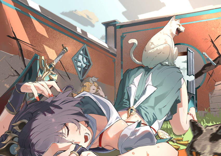 1boy, 1girl, absurdres, animal, animal_on_ass, animal_on_head, anklet, backless_outfit