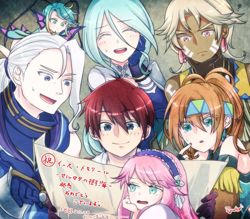 3boys, 4girls, adol_christin, bare_shoulders, blue_hair, calilica_(ys), closed_mouth, dark-skinned_male