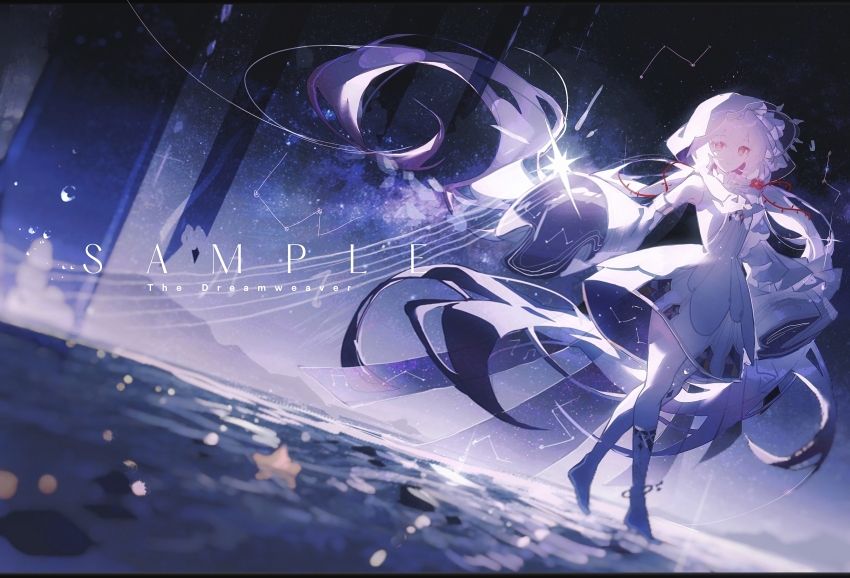 1girl, absurdres, blurry, blurry_foreground, commentary, constellation, dress, english_commentary