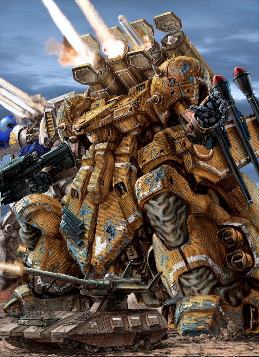 blue_sky, bullet_hole, caterpillar_tracks, cloud, commentary_request, corrupted_twitter_file, day, desert