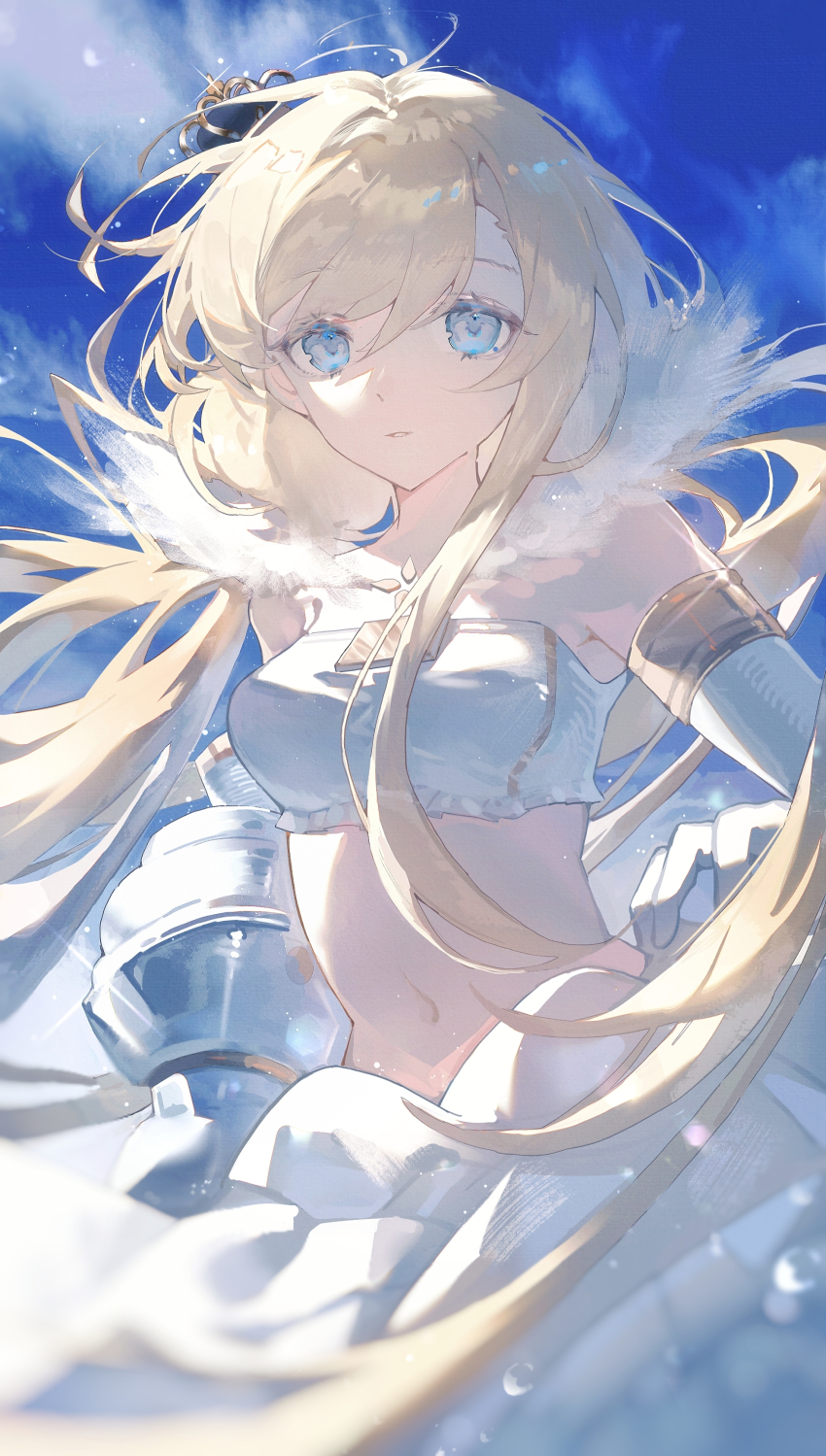 1girl, absurdres, armlet, armor, bare_shoulders, blonde_hair, blue_eyes, blue_sky