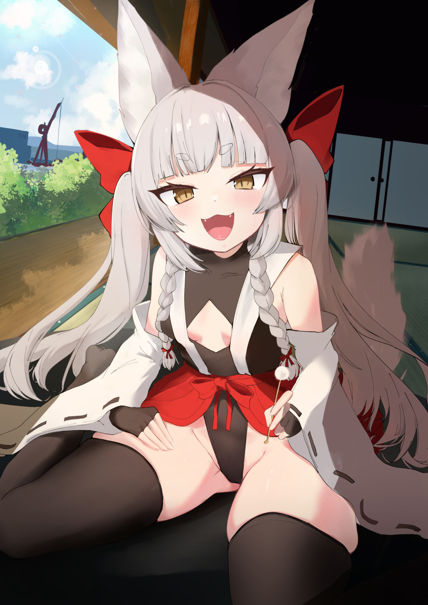 1girl, absurdres, animal_ears, asanagi_(azur_lane), azur_lane, black_thighhighs, bow, braid, breasts, cotton_swab, detached_sleeves, fangs, fox_ears, fox_girl, fox_tail, hair_bow, highres, holding_cotton_swab, japanese_clothes, kemonoelam, leotard, light_blush, looking_at_viewer, open_mouth, red_bow, slit_pupils, small_breasts, solo, tail, thick_eyebrows, thighhighs, twintails, wide_sleeves, yellow_eyes
