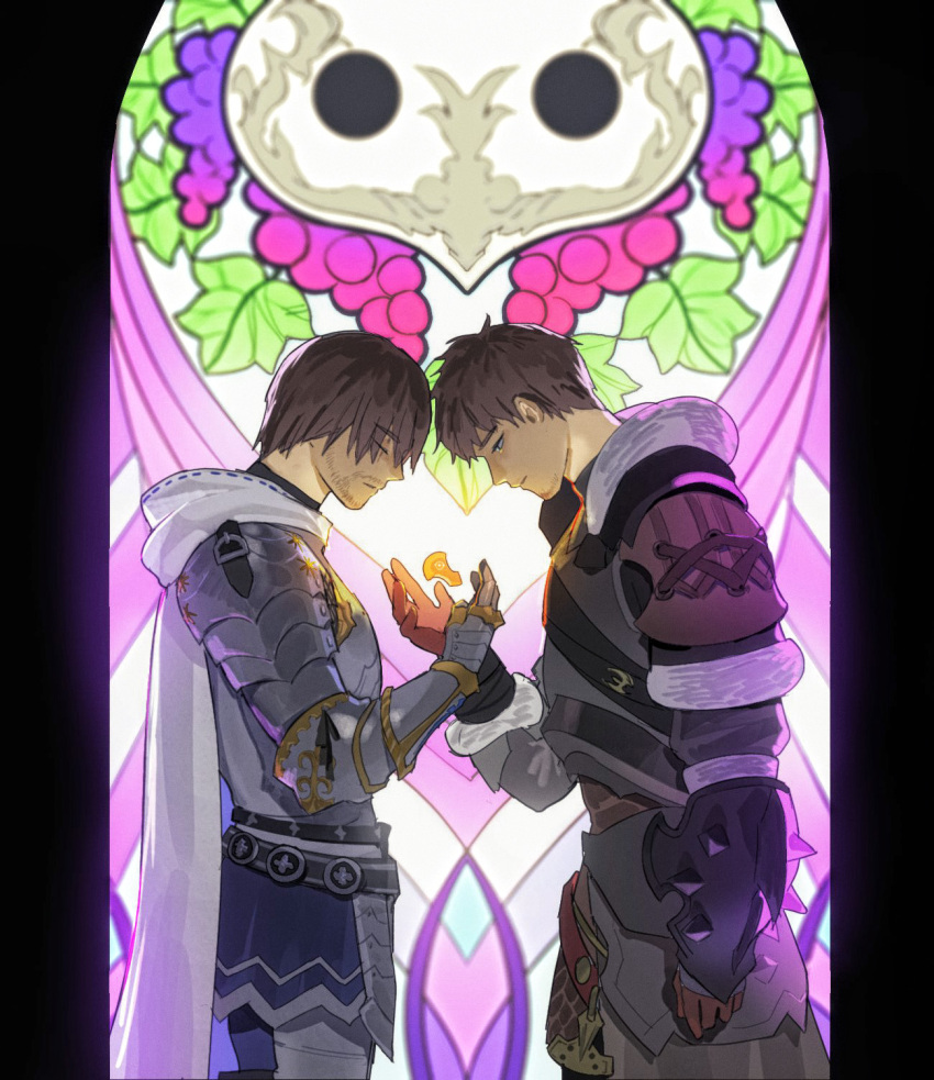 2boys, adventurer_(ff14), ardbert_hylfyst, armor, beard_stubble, breastplate, brown_hair, cape