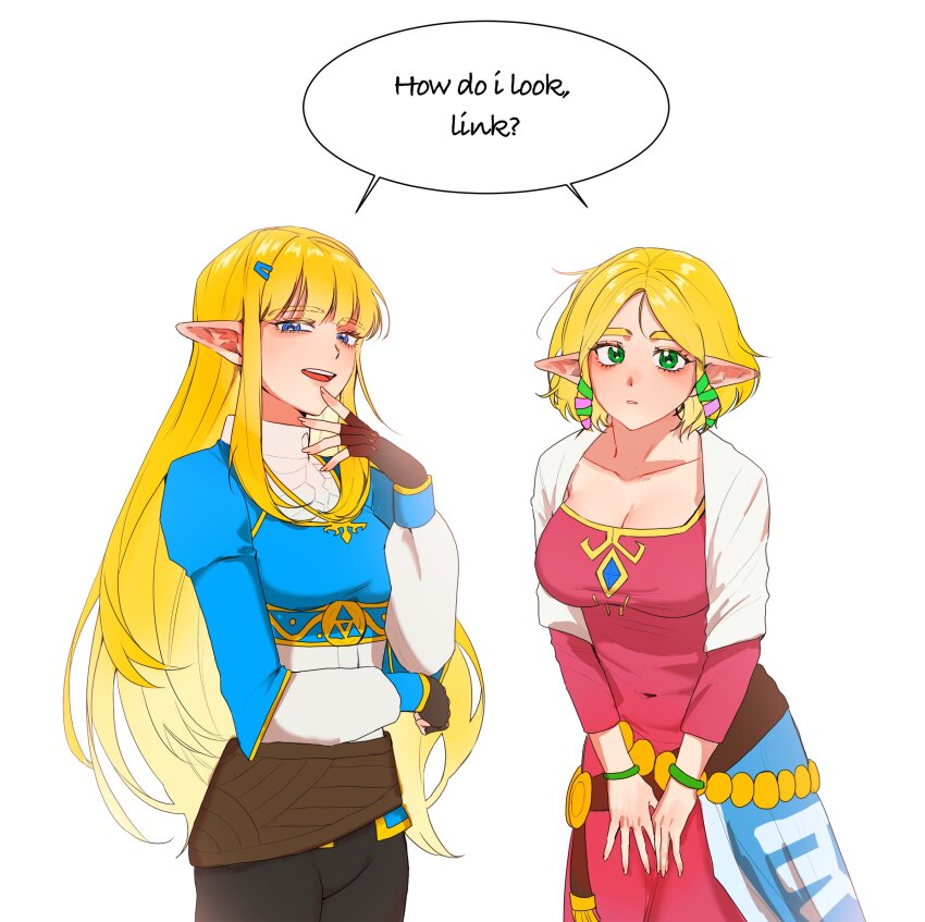 2girls, absurdres, big_egg526, blonde_hair, blunt_bangs, bracelet, breasts, cleavage, cosplay, costume_switch, dual_persona, english_text, fingerless_gloves, gloves, green_eyes, hair_ornament, hairclip, highres, in-franchise_crossover, jewelry, large_breasts, leaning_forward, long_hair, multiple_girls, nintendo, parted_bangs, princess_zelda, shared_speech_bubble, short_hair, speech_bubble, the_legend_of_zelda, the_legend_of_zelda:_skyward_sword, the_legend_of_zelda:_tears_of_the_kingdom, very_long_hair