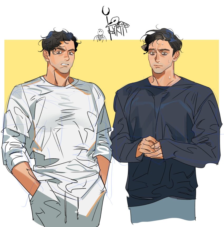 2boys, black_hair, black_shirt, border, brown_eyes, closed_mouth, commentary_request, cowboy_shot