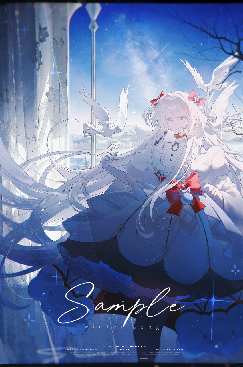 1girl, absurdres, bird, black_thighhighs, blue_eyes, blurry, blurry_foreground, bow