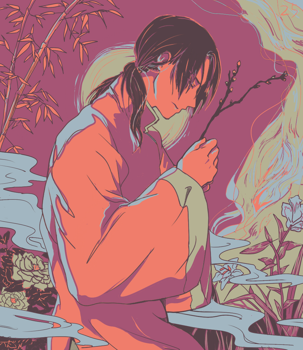 1boy, asapbn, axis_powers_hetalia, bamboo, black_hair, blue_flower, branch, changpao