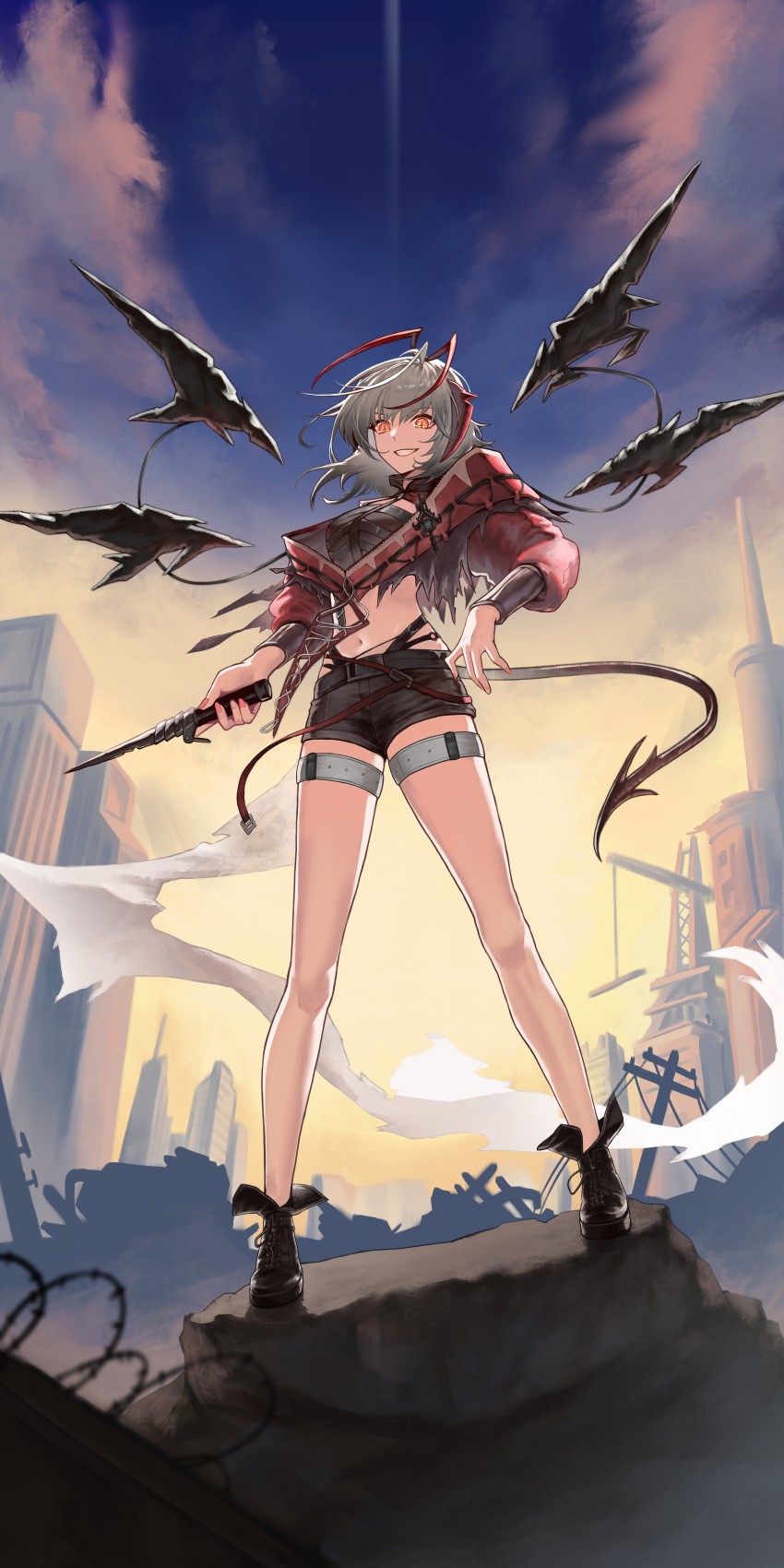 1girl, absurdres, ankle_boots, antenna_hair, arknights, barbed_wire, belt, black_boots