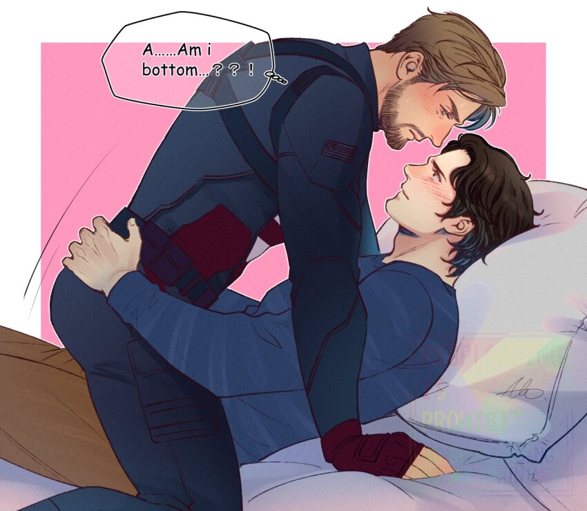 2boys, animification, beard, black_hair, blonde_hair, blue_bodysuit, blue_eyes, blue_shirt, blush, bodysuit, border, brown_eyes, brown_pants, closed_mouth, english_text, facial_hair, fingerless_gloves, fingernails, gloves, hand_around_waist, john_walker_(marvel), long_sleeves, looking_at_another, looking_down, looking_up, lying, male_focus, marvel, multiple_boys, on_back, on_bed, outside_border, pants, pillow, pink_background, pocket, red_gloves, sentry_(marvel), sherlock7akane, shirt, short_hair, signature, simple_background, sitting, sitting_on_person, speech_bubble, striped_bodysuit, striped_clothes, striped_shirt, superhero_costume, thunderbolts_(movie), watermark, white_border, yaoi