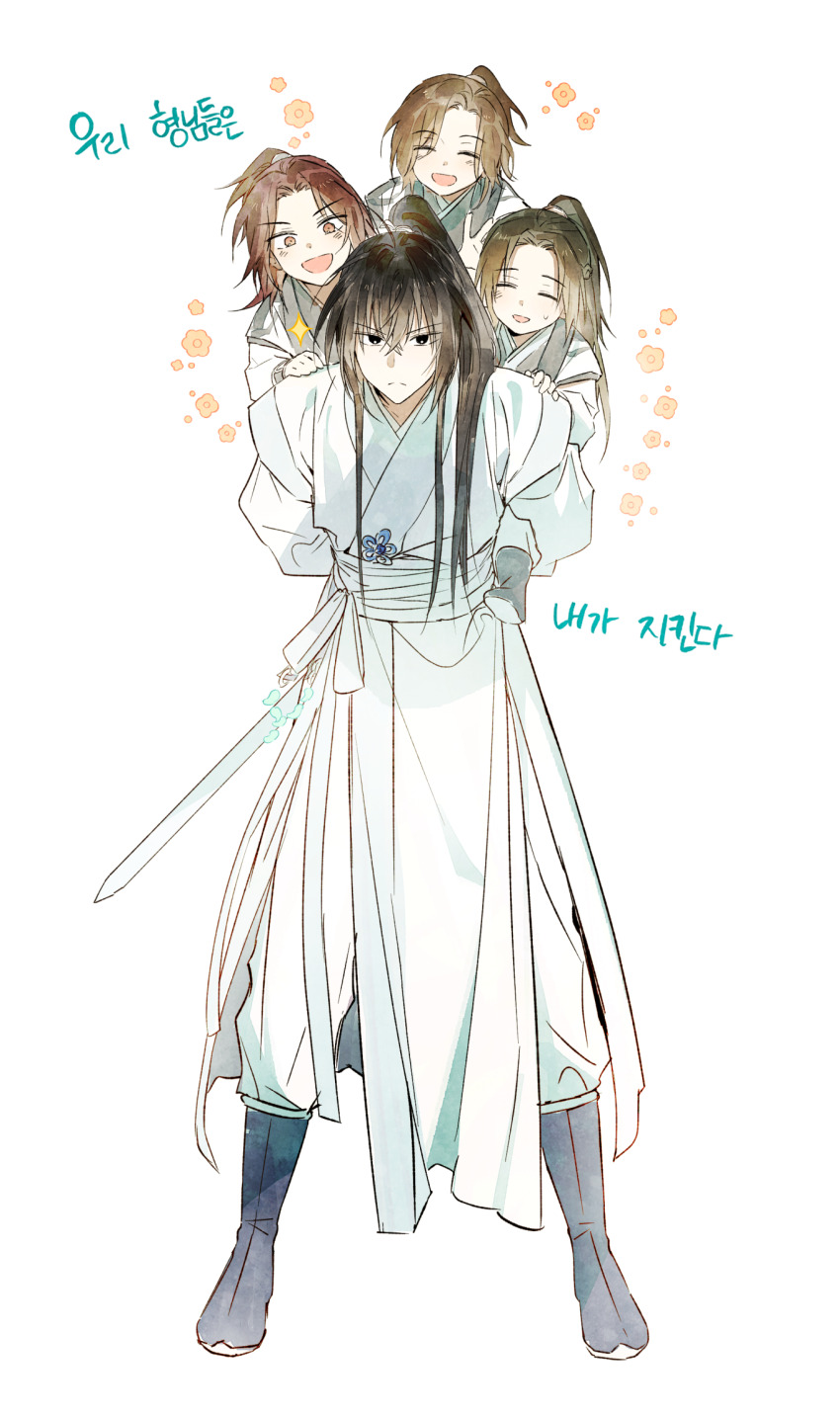 4boys, aged_down, baek_eon, black_boots, black_eyes, black_hair, boots, braid