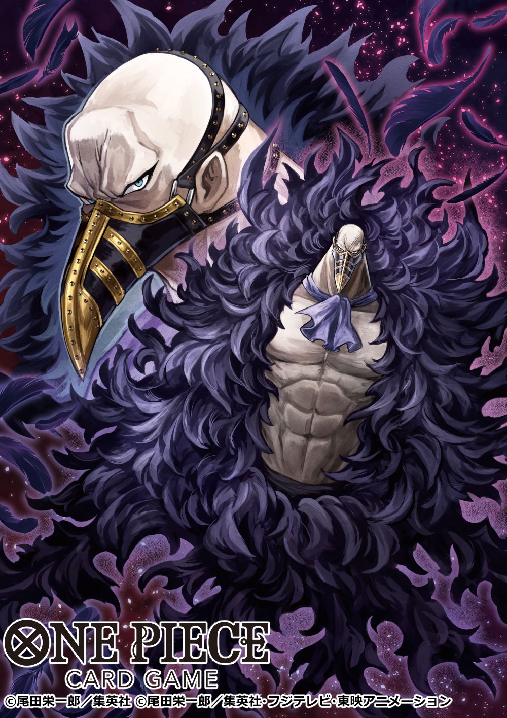 1boy, abs, ascot, bald, black_feathers, blue_eyes, commentary_request, copyright_name