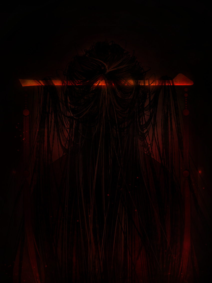 1girl, absurdres, beads, black_background, from_behind, glowing, headpiece, highres