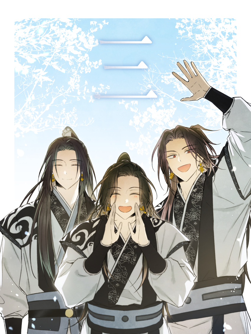 3boys, absurdres, baek_eon, black_hair, blush, border, brown_eyes, brown_hair