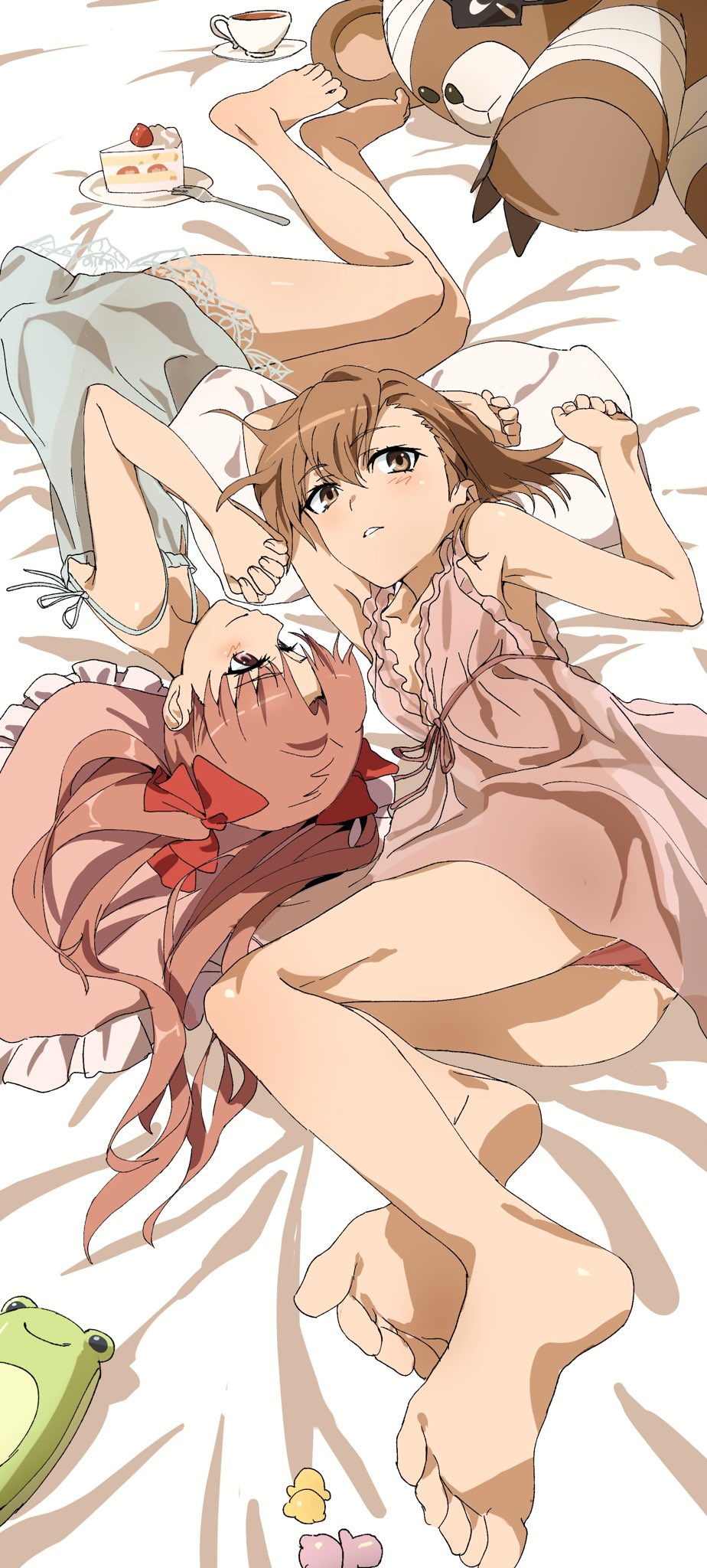 2girls, asymmetrical_bangs, bed_sheet, blue_nightgown, breasts, brown_eyes, brown_hair, cake