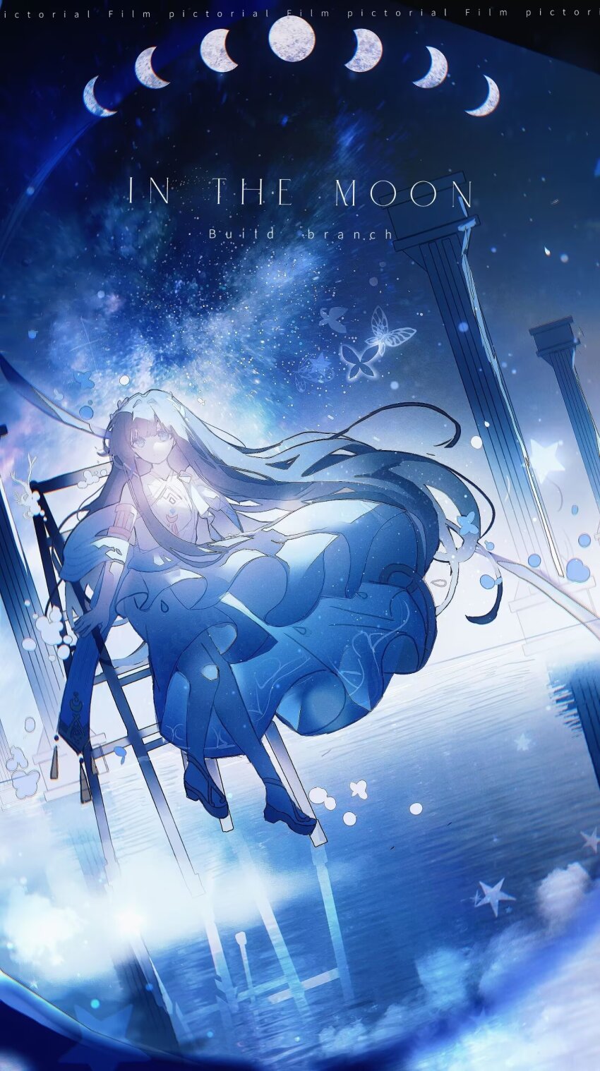 1girl, absurdres, barefoot, blue_dress, blue_eyes, blue_hair, blue_theme, blurry