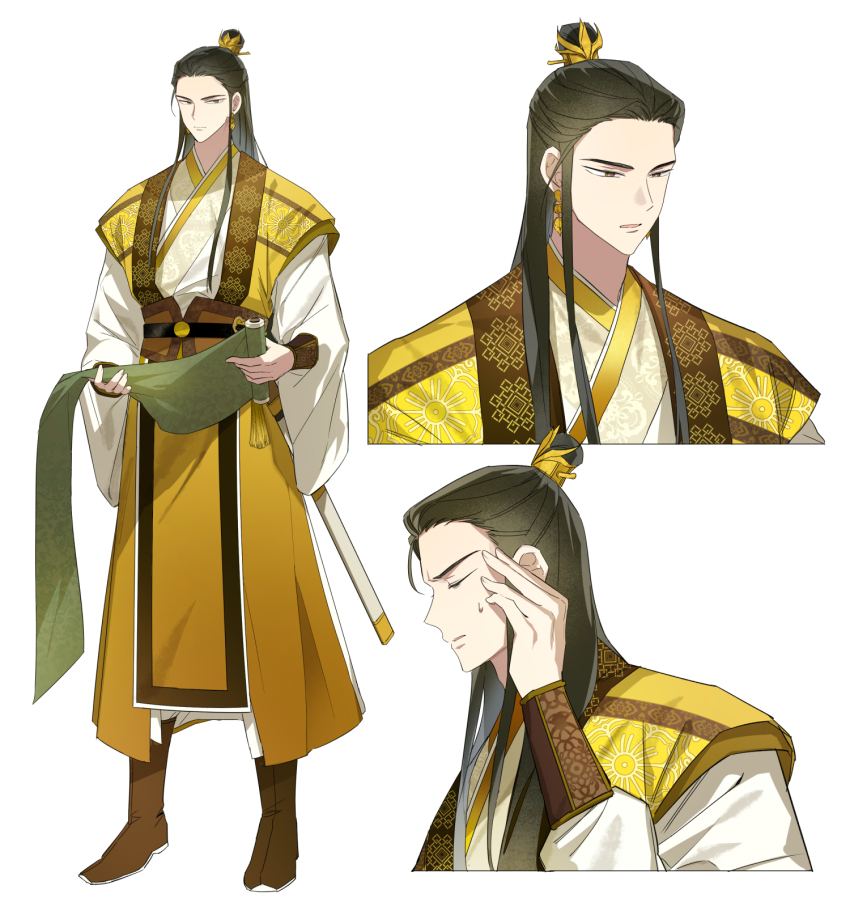 1boy, boots, brown_boots, brown_eyes, brown_hair, brown_sash, chinese_clothes, closed_eyes, closed_mouth, earrings, full_body, furrowed_brow, gold_earrings, hand_on_own_head, hanfu, highres, holding, holding_scroll, jewelry, jin_rim, jinhongi, korean_commentary, long_hair, long_sleeves, looking_at_viewer, looking_down, male_focus, multiple_views, official_art, oh_wolrang, open_mouth, pants, parted_lips, reference_sheet, scroll, sheath, sheathed, simple_background, sweatdrop, sword, tassel, topknot, upper_body, weapon, white_background, white_pants, wide_sleeves, xiao_guan_(headdress), yellow_hanfu