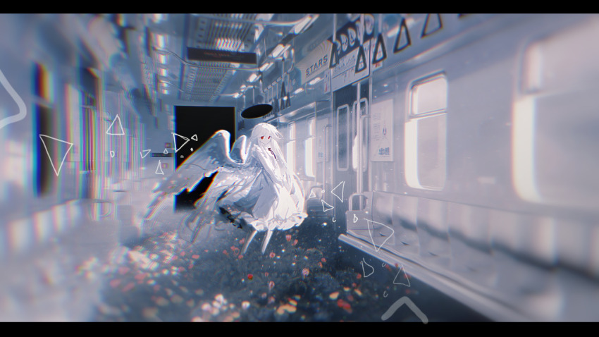 1girl, angel, angel_wings, black_halo, blurry, blurry_foreground, chromatic_aberration, commentary_request