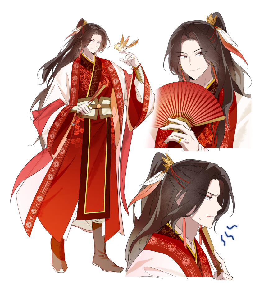 1boy, adam's_apple, bird, bird_on_hand, boots, bracelet, brown_boots, brown_eyes, brown_hair, chinese_clothes, closed_mouth, earrings, eyeliner, feather_hair_ornament, feathers, floral_print, folded_fan, folding_fan, from_side, full_body, furrowed_brow, hair_ornament, half_updo, hand_fan, hanfu, high_ponytail, highres, holding, holding_fan, hwa_un, index_ring, jewelry, jinhongi, korean_commentary, long_hair, long_sleeves, looking_at_viewer, makeup, male_focus, multiple_views, official_art, oh_wolrang, open_mouth, pants, pinky_ring, ponytail, red_hanfu, red_shawl, reference_sheet, robe, sash, shawl, simple_background, smile, sweatdrop, tassel, tassel_earrings, upper_body, white_background, white_pants, white_robe, white_sash, wide_sleeves, xiao_guan_(headdress), zhijupao