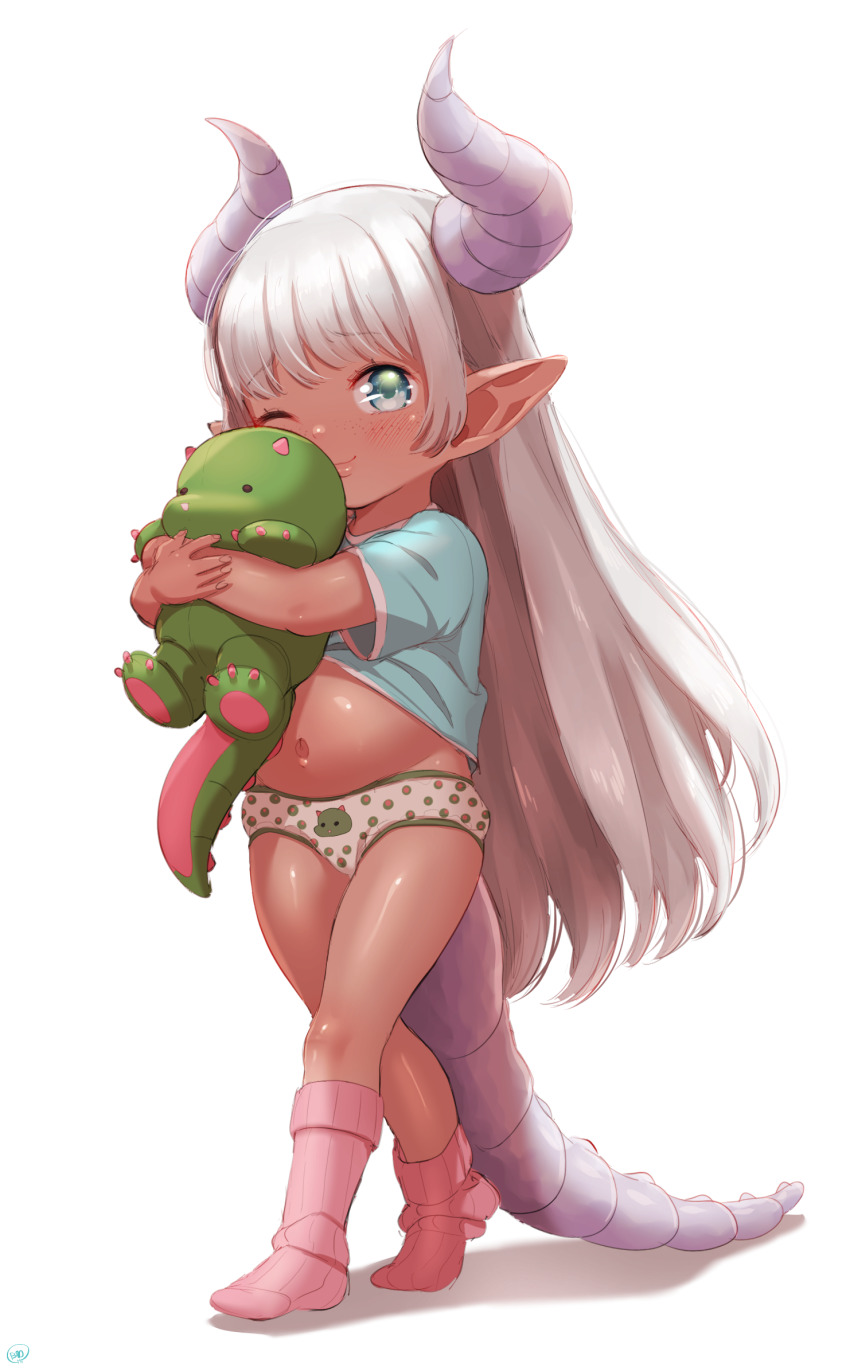 1girl, asymmetrical_legwear, blue_eyes, blue_shirt, blush, born-to-die, character_request, closed_mouth, clothes_lift, copyright_request, dark-skinned_female, dark_skin, dragon_girl, dragon_horns, dragon_print, dragon_tail, freckles, grey_hair, highres, holding, holding_stuffed_toy, horns, loli, long_hair, looking_at_viewer, navel, no_pants, one_eye_closed, panties, pink_socks, pointy_ears, polka_dot, polka_dot_panties, print_panties, shirt, shirt_lift, short_sleeves, smile, socks, solo, stuffed_animal, stuffed_dragon, stuffed_toy, tail, underwear, walking, white_panties