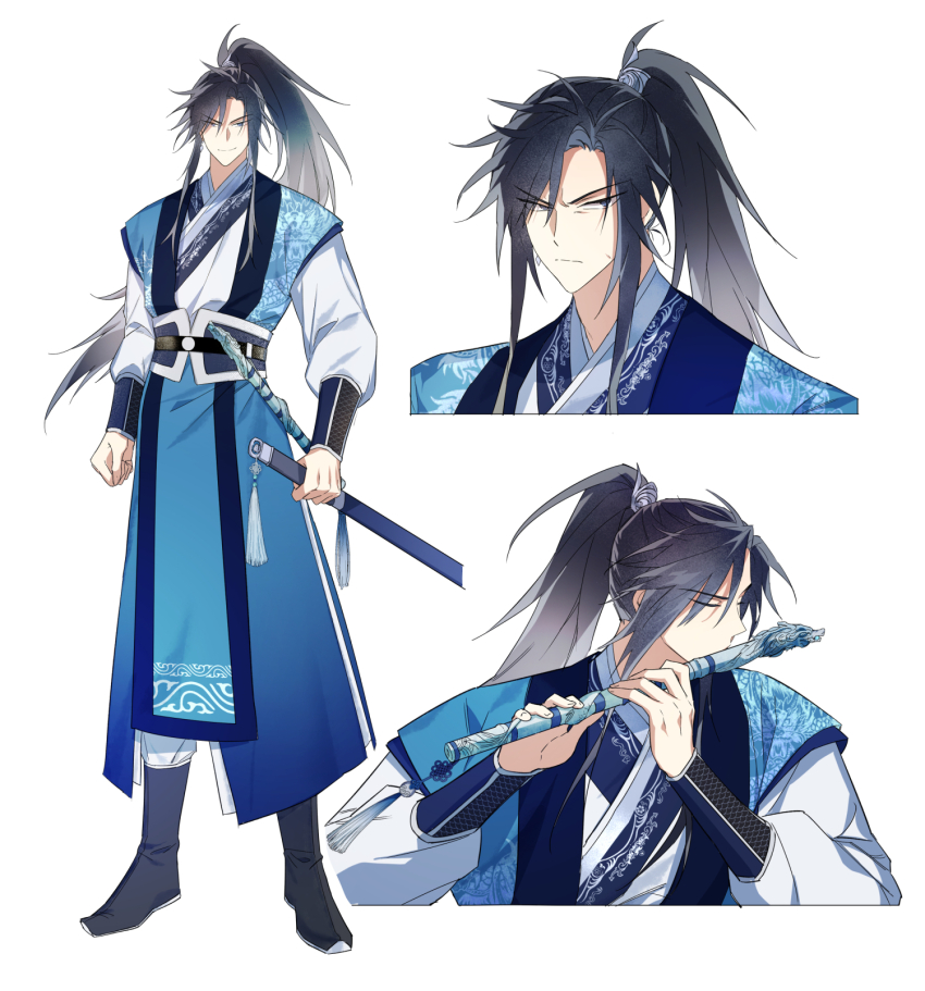 1boy, angry, black_boots, black_hair, blue_eyes, blue_hanfu, blue_sash, boots