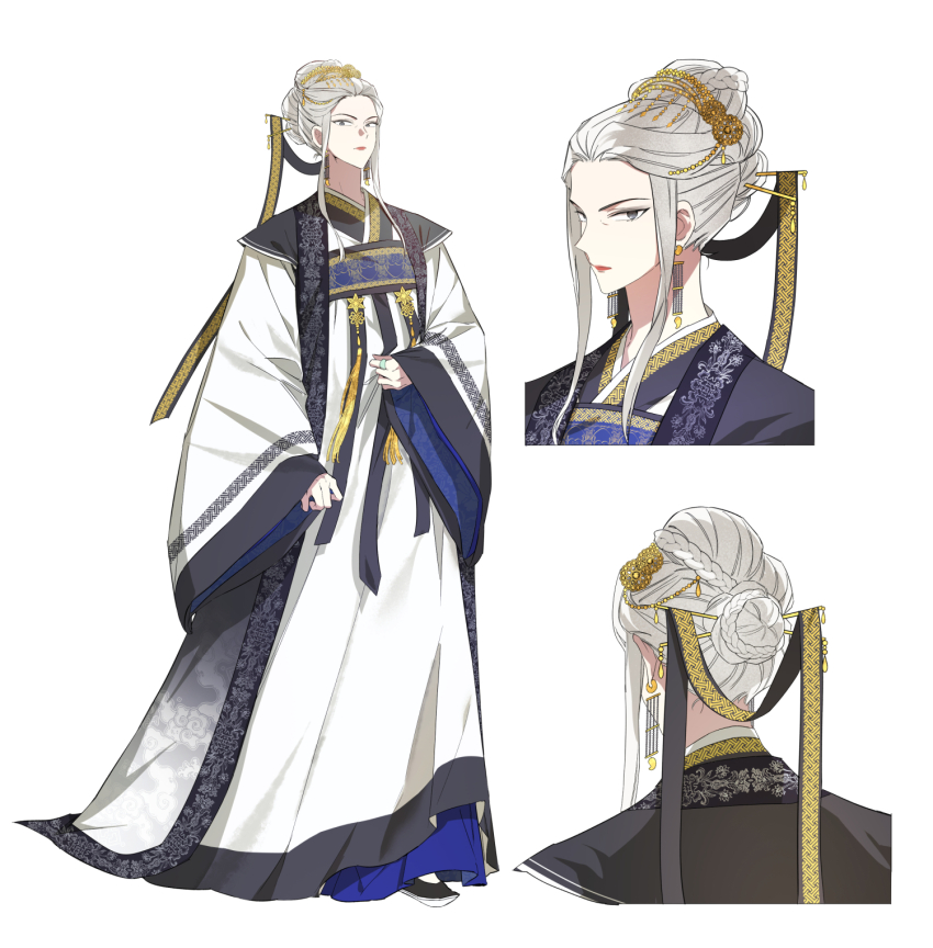 1girl, black_ribbon, black_shoes, braid, chinese_clothes, closed_mouth, earrings, from_behind