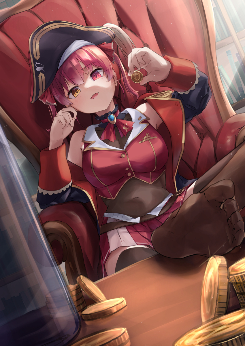 1girl, absurdres, black_coat, black_hat, black_thighhighs, breasts, cleavage, coat