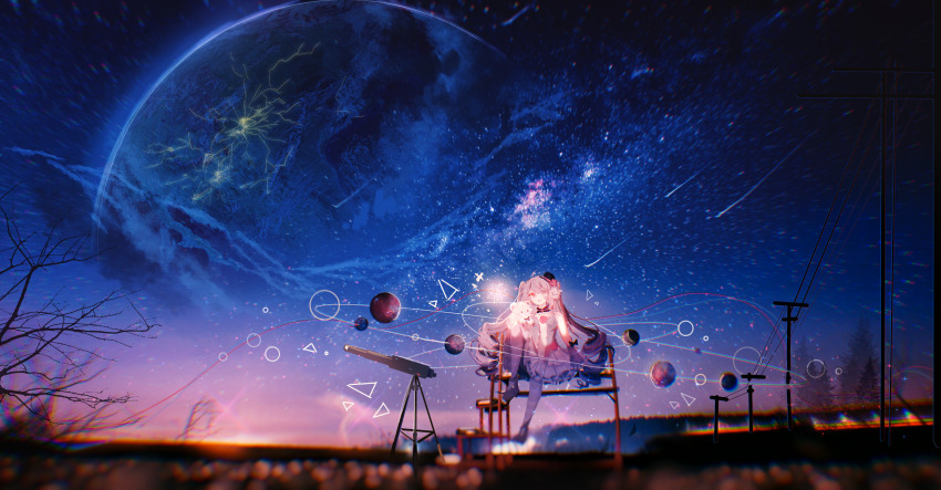 1girl, absurdres, bare_shoulders, bicycle, black_bow, black_hat, blurry, blurry_foreground, bow, brown_hair, chromatic_aberration, cloud, comet, commentary_request, curly_hair, depth_of_field, dress, flower, frilled_dress, frilled_skirt, frills, hair_flower, hair_ornament, hat, heterochromia, highres, holding, holding_stuffed_toy, long_hair, mini_hat, miracle_7y, night, original, planet, power_lines, red_flower, red_rose, rose, scenery, shooting_star, sign, skirt, sky, solo, star_(sky), starry_sky, stuffed_animal, stuffed_toy, telescope, twintails, very_long_hair, white_dress