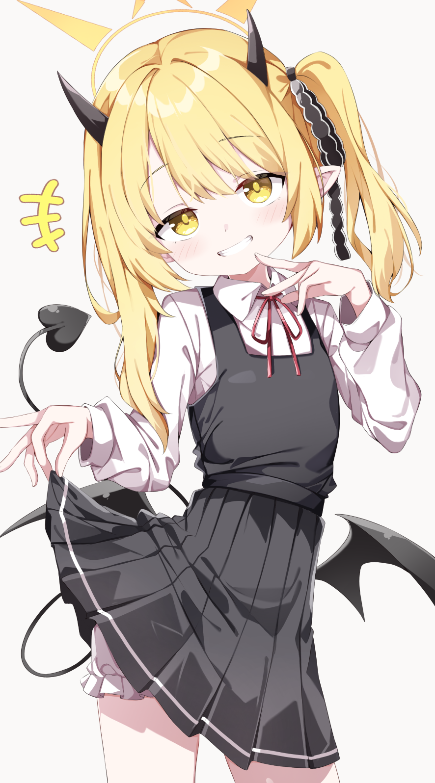 1girl, black_dress, black_ribbon, blonde_hair, blue_archive, blush, demon_girl, demon_horns, demon_wings, dress, grin, hair_ribbon, halo, hand_up, highres, horns, ibuki_(blue_archive), lifting_own_clothes, loli, long_hair, pleated_dress, ribbon, sabana, shirt, shirt_under_dress, side_ponytail, smile, smug, solo, teasing, upskirt, white_shirt, wings, yellow_eyes, yellow_halo