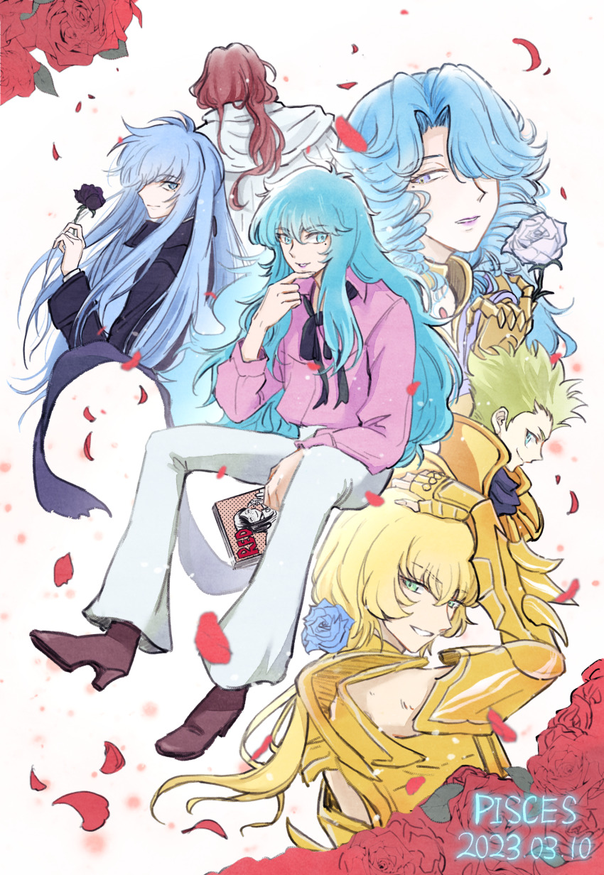 2023, 6+boys, absurdres, androgynous, arm_up, armor, bishounen, black_ribbon, blonde_hair, blue_eyes, blue_flower, blue_hair, blue_rose, book, casual, coat, collared_shirt, dated, dual_persona, floating_scarf, flower, from_behind, gold_armor, gold_cloth, gold_saint, green_eyes, green_hair, hair_flower, hair_ornament, hair_over_one_eye, half-closed_eyes, hand_on_own_chin, hand_on_own_head, hand_up, happy_birthday, high_heels, highres, holding, holding_book, holding_flower, in-franchise_crossover, invisible_chair, lipstick, long_hair, long_scarf, long_sleeves, looking_at_viewer, low_ponytail, luode, makeup, male_focus, mole, mole_under_eye, multicolored_eyes, multiple_boys, neck_ribbon, official_alternate_costume, pants, parted_lips, petals, pink_lips, pink_shirt, pisces_albafica, pisces_amor, pisces_aphrodite, pisces_cardinale, pisces_lugonis, ponytail, profile, purple_flower, purple_rose, purple_scarf, red_flower, red_hair, red_petals, red_rose, ribbon, ringlets, rose, rose_petals, saint_seiya, saint_seiya:_legend_of_sanctuary, saint_seiya:_next_dimension, saint_seiya:_the_lost_canvas, saint_seiya_omega, scarf, shirt, short_hair, sideways_glance, sitting, smile, solo_focus, trait_connection, trap, white_background, white_flower, white_pants, white_rose, yellow_eyes