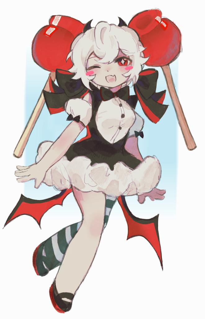 1girl, apple_hair_ornament, black_bow, black_bowtie, black_dress, bow, bowtie, candy_apple, candy_apple_cookie, candy_apple_hair_ornament, cookie_run, cookie_run:_kingdom, dress, food, food-themed_hair_ornament, full_body, hair_ornament, humanization, looking_at_viewer, open_mouth, puffy_sleeves, red_eyes, short_hair, simple_background, smile, t0shnilka, white_hair