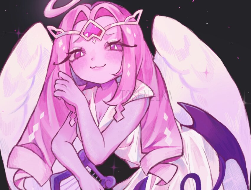 1girl, angel, angel_wings, animification, colored_skin, cookie_run, cookie_run:_kingdom, dress, eternal_sugar_cookie, halo, highres, long_hair, looking_at_viewer, multiple_girls, pink_eyes, pink_hair, pink_skin, smile, solo, t0shnilka, very_long_hair, white_dress, wings