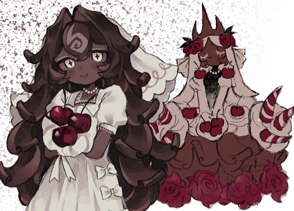 1girl, black_forest_cookie, bouquet, bridal_veil, brown_hair, cherry, cookie_run, cookie_run:_kingdom