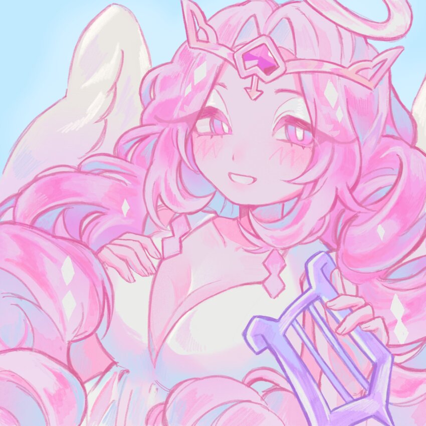 1girl, angel, angel_wings, breasts, cleavage, colored_skin, cookie_run, cookie_run:_kingdom, dress, eternal_sugar_cookie, halo, highres, instrument, long_hair, looking_at_viewer, pink_eyes, pink_hair, pink_skin, smile, solo, t0shnilka, very_long_hair, white_dress, wings