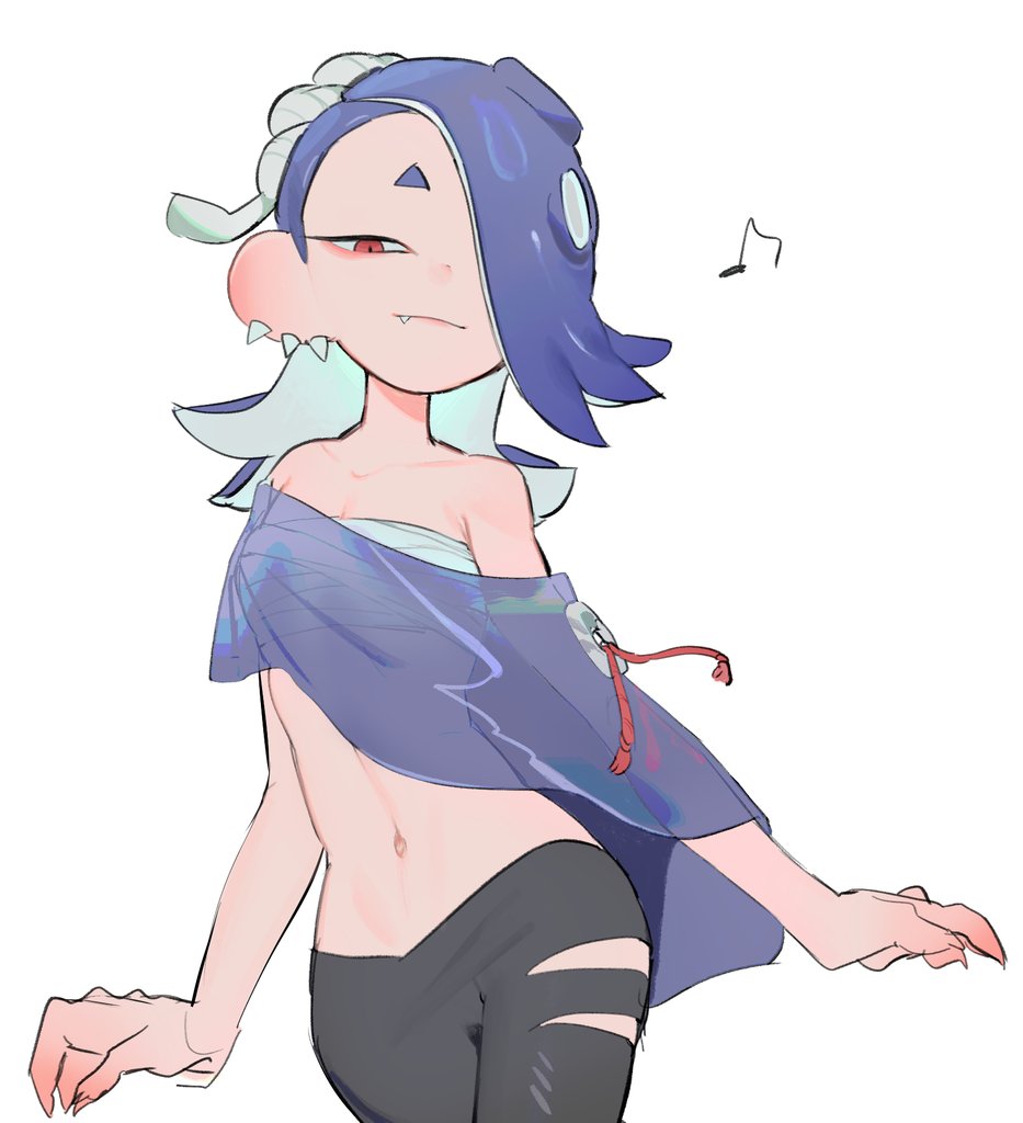 1girl, blue_hair, capelet, chest_sarashi, collarbone, cowboy_shot, ear_piercing, fang, hachimaki, hair_over_one_eye, headband, long_hair, mangmengml, musical_note, navel, nintendo, pants, piercing, red_eyes, sarashi, shiver_(deep_cut_outfit)_(splatoon), shiver_(splatoon), smile, solo, splatoon_(series), splatoon_3, tentacle_hair, torn_clothes, torn_pants, white_background