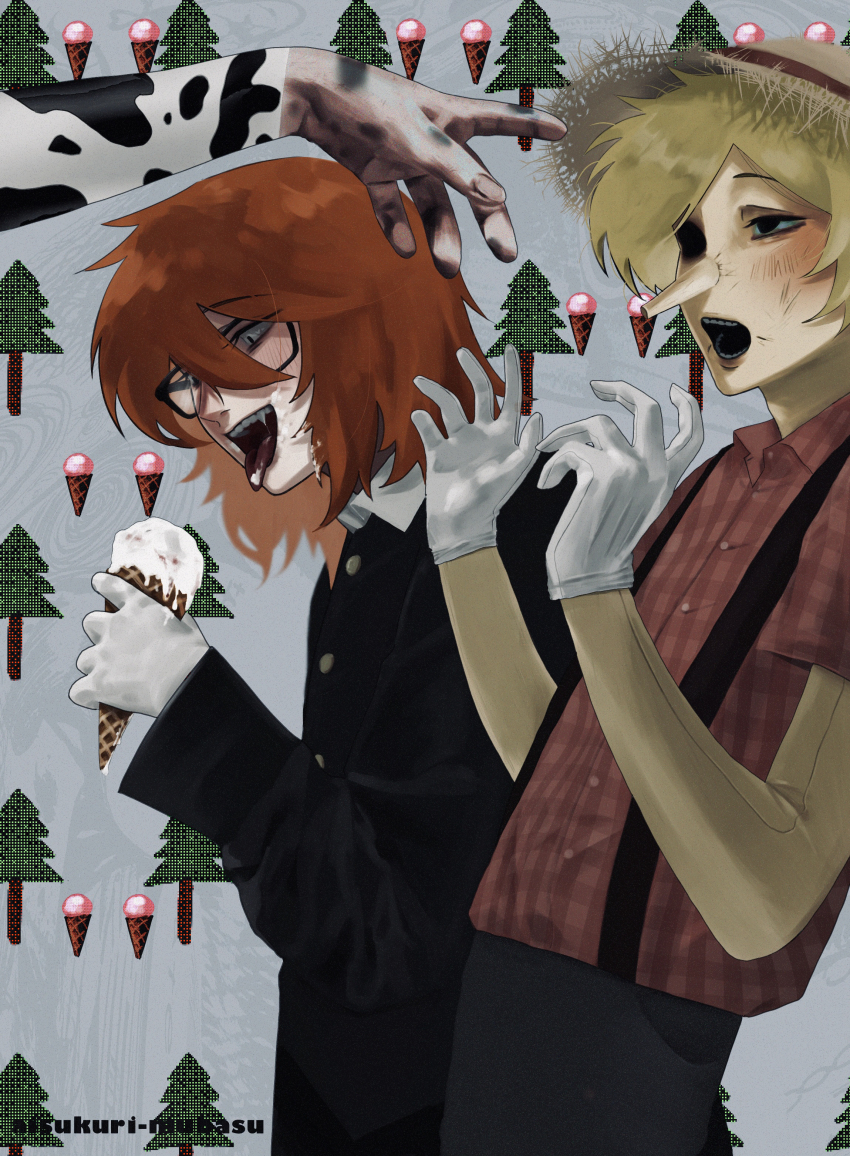 3boys, absurdres, black_eyes, blca2s01111, blonde_hair, character_request, cowboy_shot, eating