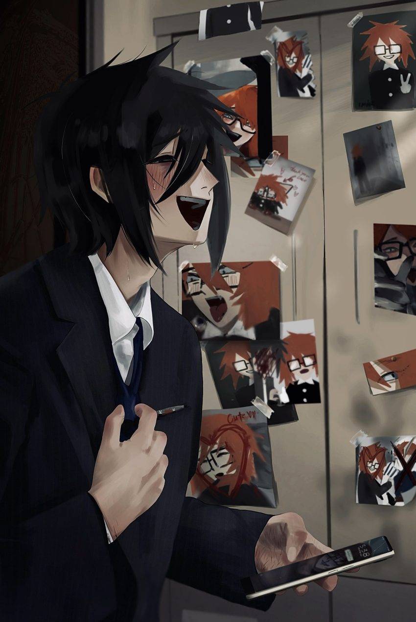 1boy, absurdres, black_eyes, black_hair, black_jacket, blca2s01111, blush, cellphone