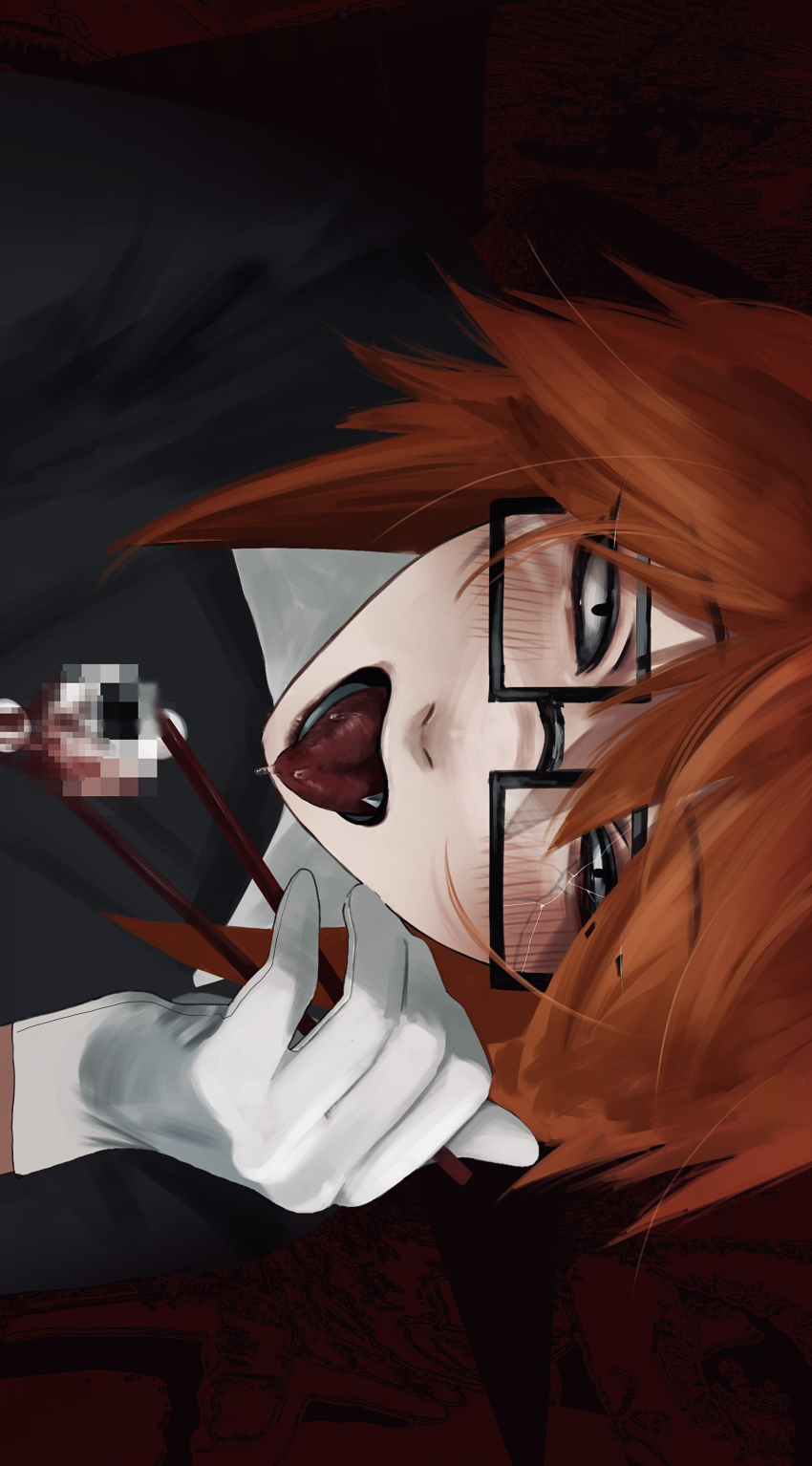1boy, absurdres, black_eyes, blca2s01111, cannibalism, chopsticks, eyeball, fang, glasses, gloves, hand_up, highres, looking_at_viewer, male_focus, orange_hair, randal's_friends, randal_ivory, saliva, sideways, solo, tongue, tongue_out, upper_body, white_gloves
