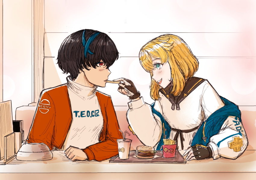 1boy, 1girl, blue_eyes, blue_streaks, bridget_(guilty_gear), burger, feeding, fingerless_gloves