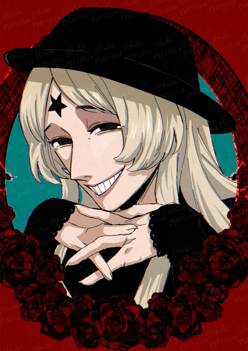 1girl, absurdres, black_eyes, blonde_hair, commentary_request, facial_mark, fingernails, flower, grin, hands_up, harunoseki0414, hat, highres, humanization, lace-trimmed_sleeves, lace_trim, long_hair, looking_at_viewer, nana_(randal's_friends), own_hands_clasped, own_hands_together, portrait, randal's_friends, red_background, red_flower, red_rose, rose, sharp_fingernails, sleeves_past_fingers, sleeves_past_wrists, smile, solo, star_(symbol), star_facial_mark