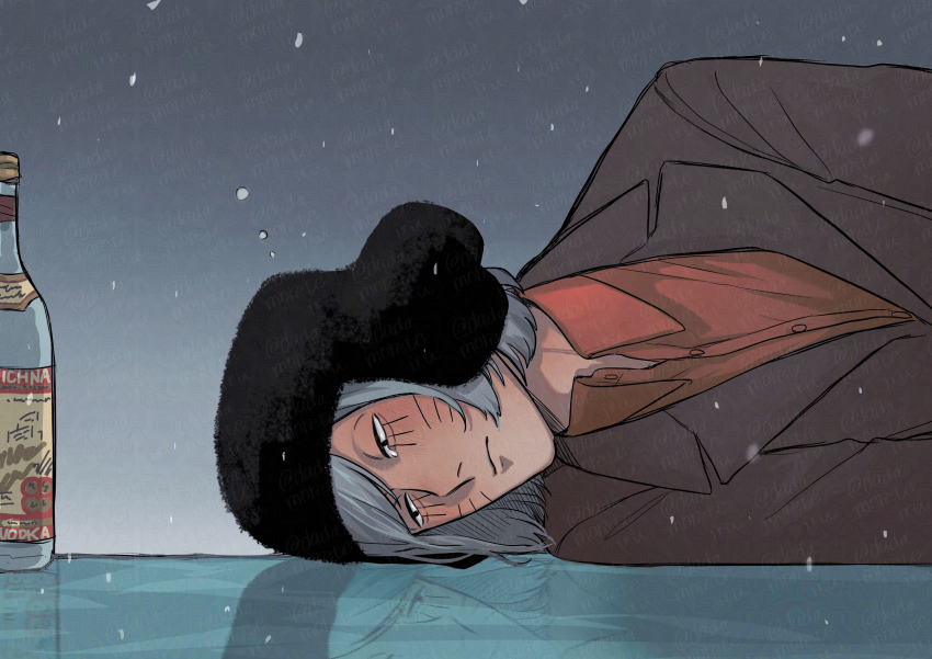 1boy, absurdres, alcohol, black_eyes, blue_hair, blush, bottle, brown_coat