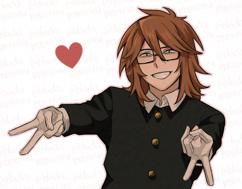 1boy, black_eyes, black_jacket, brown_hair, commentary_request, double_v, glasses, gloves